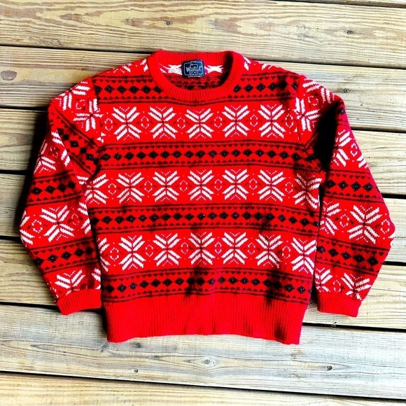 The Woolrich Woman Vintage Wool Sweater Red White Black Knit Crewneck 80s 90s - Picture 1 of 11